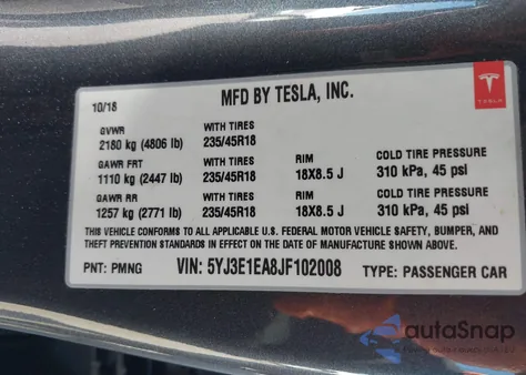 2018 Tesla Model 3 Long Range/Mid Range from USA, damaged, VIN 5YJ3E1EA8JF102008